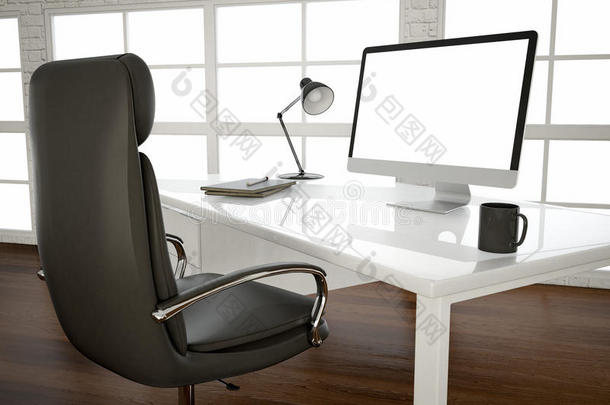 办公室大窗口光滑桌子上的空白电脑屏幕。 3