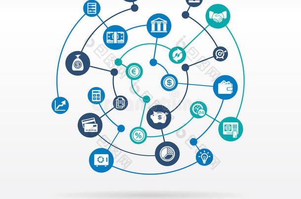 银行网络。 圆圈抽象背景与线条和集成平面图标