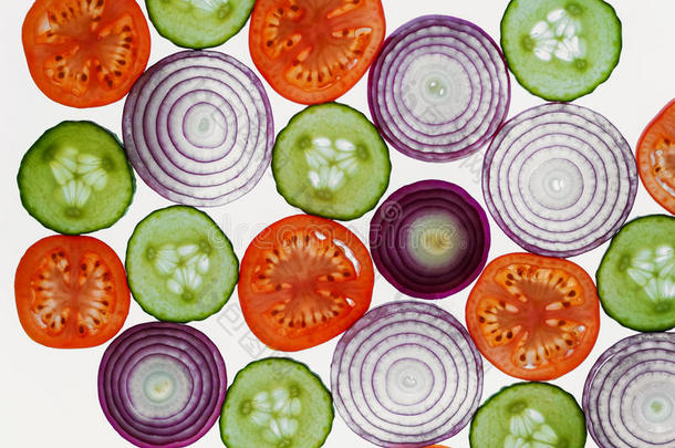 新鲜蔬菜切片抽象图案背景，洋葱，黄瓜和西红柿