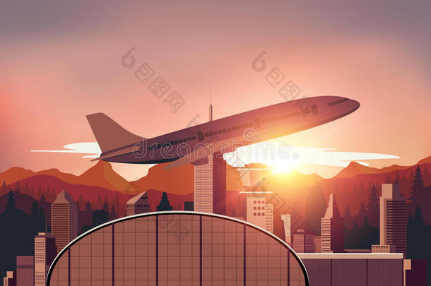 日落背景的机场插画