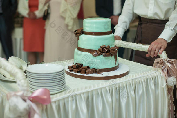 美味的特殊<strong>蓝色婚礼</strong>蛋糕，棕色丝带和蝴蝶结