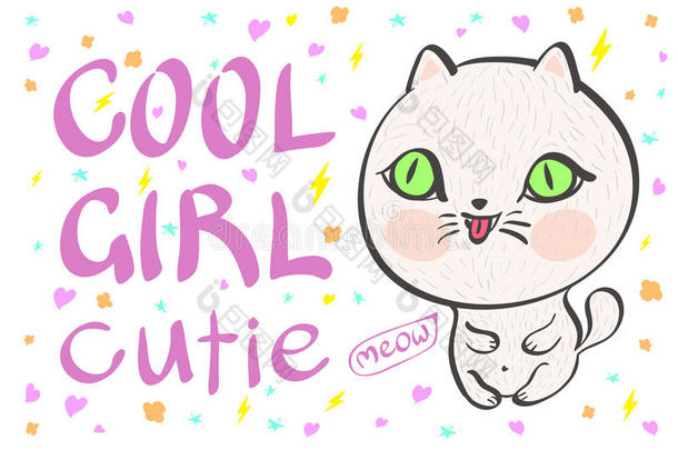 酷女孩可爱的小白猫矢量插图