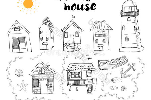 海滩小屋和平房，手绘轮廓涂鸦与轻房子