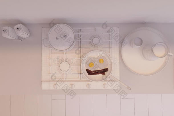 <strong>现代风格厨房</strong>室内设计的三维渲染。