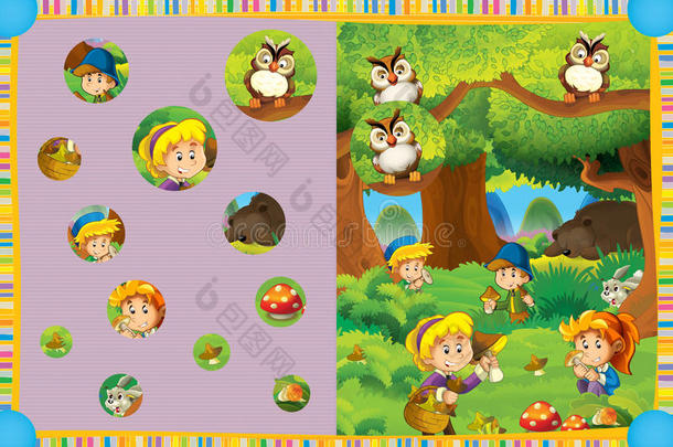 一只熊睡在森林里的<strong>卡通场景</strong>和一个儿童收集蘑菇的<strong>游戏</strong>