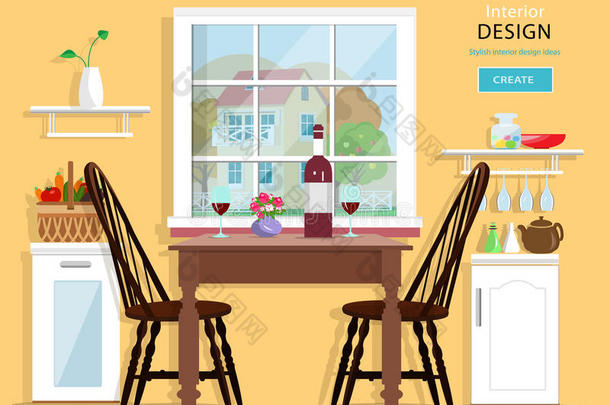 可爱的现代厨房室内设计与家具：桌子，椅子，厨房橱柜。