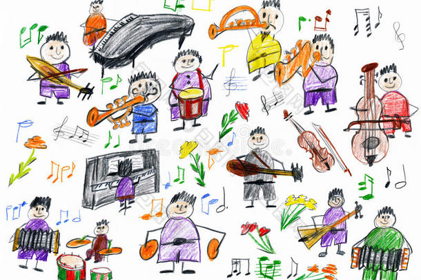 卡通人物音乐家收藏，管弦乐对象，儿童画在纸上，手绘<strong>艺术图片</strong>