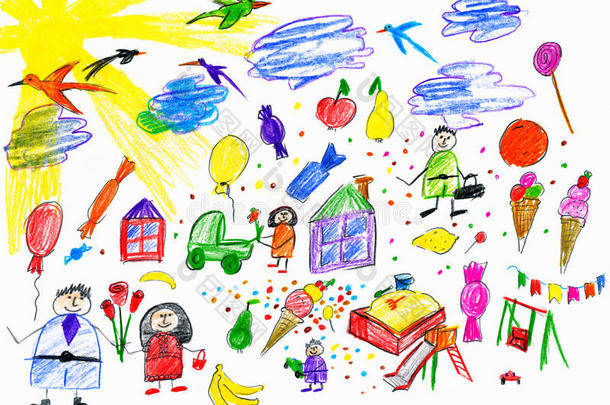 卡通人物和有趣的玩具收藏，儿童在纸上画物体，手绘艺术图片