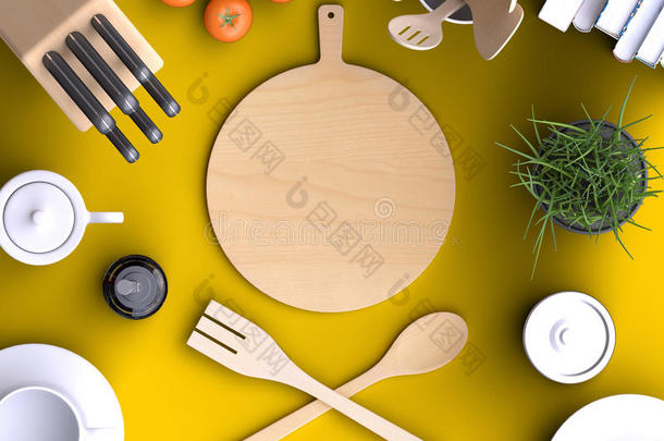 品牌模拟厨房与桌子和<strong>厨具</strong>。