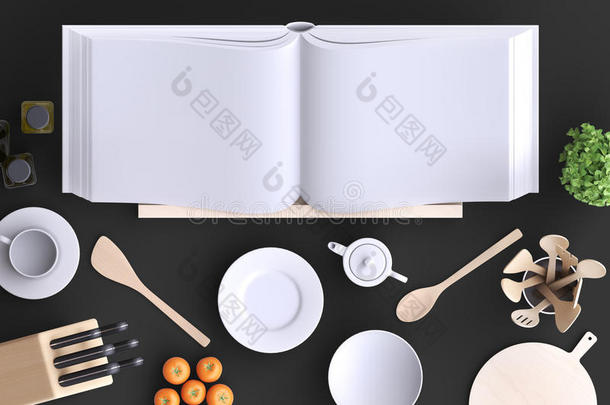 品牌模拟厨房与桌子和厨具。