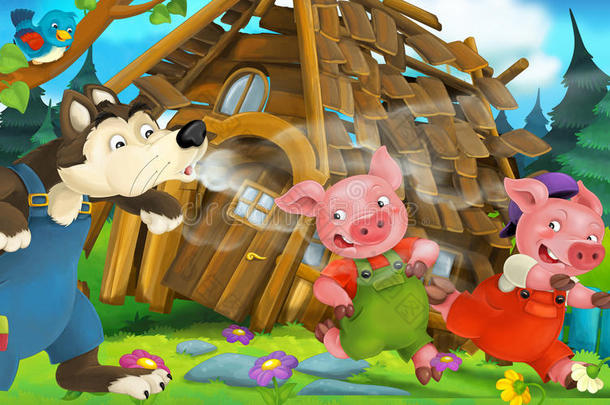 卡通童话场景，狼吹走木屋，跑猪