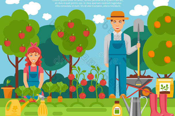 农民家庭概念彩色<strong>海报</strong>与种植<strong>水果</strong>，蔬菜和园艺工具平邮