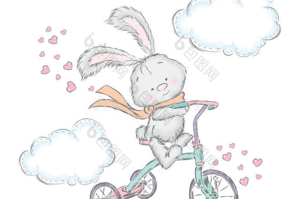 骑自行车的可爱兔子。 兔子在矢量中。 <strong>甜心</strong>卡。