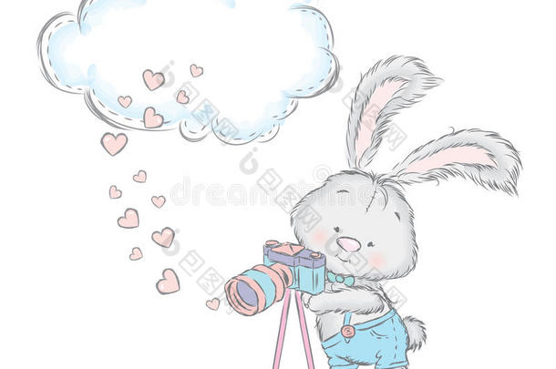矢量中可爱的兔子。 带着相机的兔子。 兔子短裤。