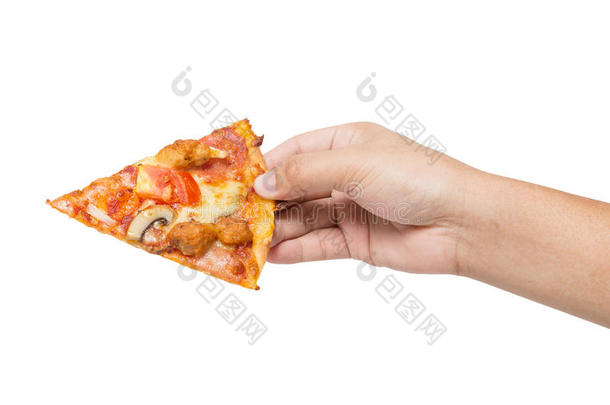 手拿美味可口的美味披萨，隔离在白色上