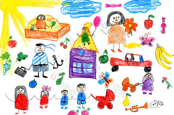 卡通人物快乐生活方式收集，儿童绘画对象在纸上，手绘艺术图片