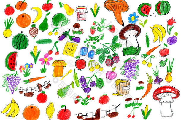 卡通食品收集，水果和蔬菜，儿童绘画对象设置在纸上，手绘艺术图片