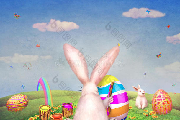 一幅可爱的兔子画的复活节彩蛋在一座被复活节彩蛋包围的山上