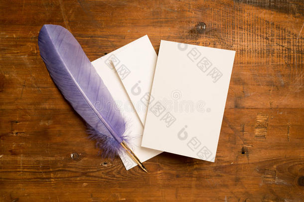 空白问候或邀请卡和紫色羽毛笔
