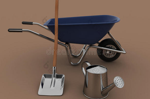 花园工具。 花园手推车，浇水罐和铲子。