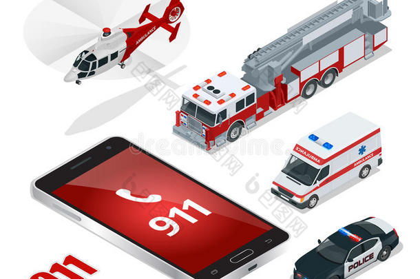 紧急概念。 救护车，警察，消防车，货车，直升机，紧急号码911。平面三维等距