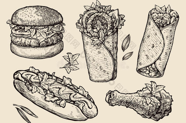 快餐。 手绘汉堡，汉堡，比萨饼，三明治，鸡腿，热狗，玉米煎饼，沙瓦玛，陀螺，皮塔面包