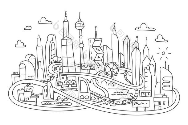 手绘线条，未来主义城市建筑