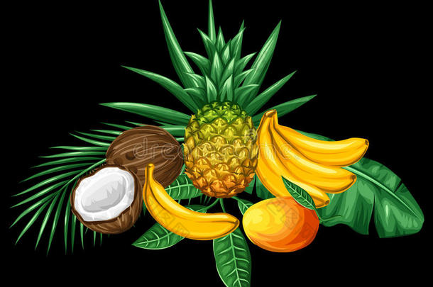 热带水果和树叶的背景。 设计广告小册子，标签，包装，纺织品印刷
