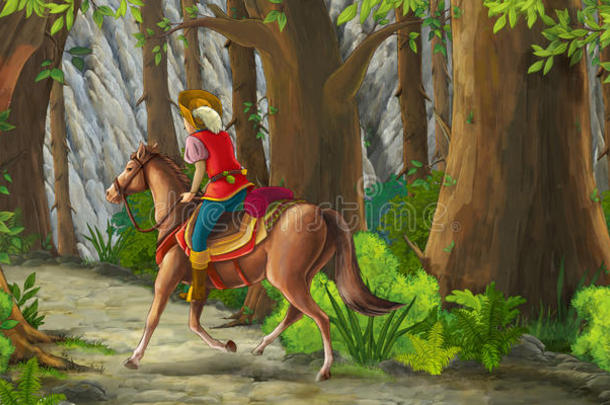 卡通场景，一名骑手骑着马穿过森林到未知