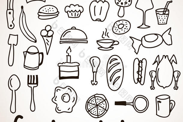 食物和饮料手绘图标。
