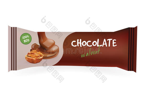 带核桃的巧克力棒。 模拟您的设计和品牌。 包装模板。食品包装。 矢量插图。