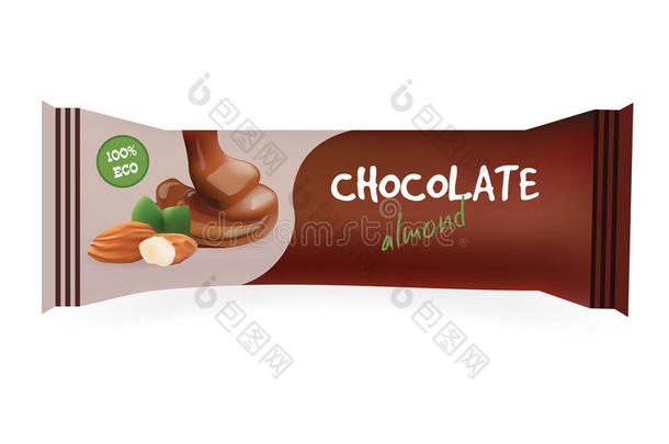 杏仁巧克力棒。模型为您的设计和品牌。蛇形包装纸模板.食物包装。矢量图。