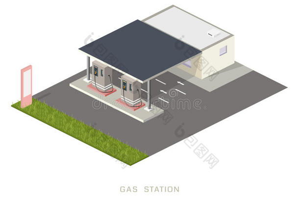 平面三维等距气体石油加油加气站积木信息图概念。