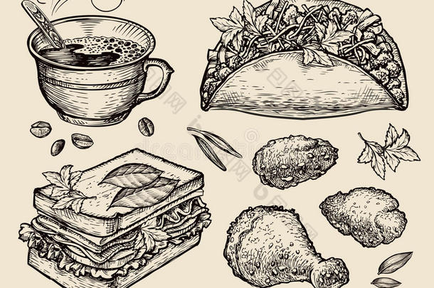 快餐。 手绘<strong>咖啡杯</strong>，玉米饼，三明治，面包屑鸡肉。 草图<strong>矢量</strong>插图