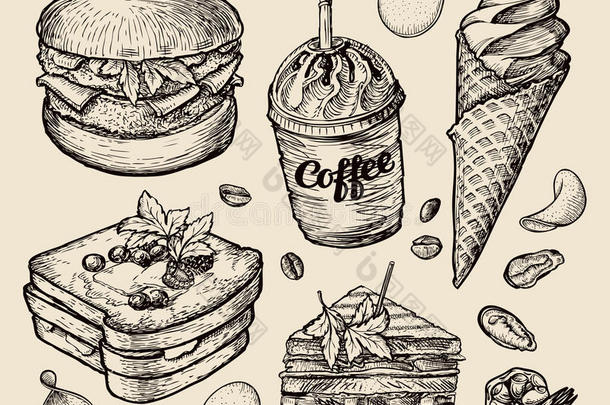 快餐。 手绘汉堡，汉堡，咖啡，浓缩咖啡，冰淇淋，三明治，甜点，吐司，奶酪汉堡。 素描