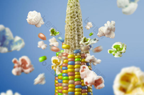 彩色玉米棒爆炸并产生爆米花