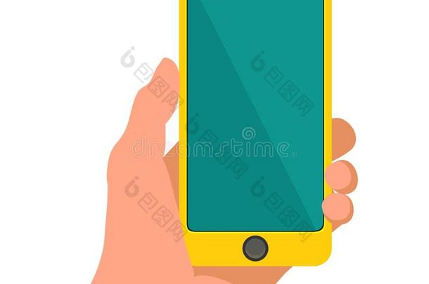 手拿着智能黄色手机。 触摸空白屏幕。 平面设计。 白色孤立背景上的矢量插图。