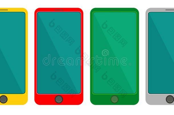 彩色套装智能手机。 白色背景上的黄色、红色、绿色、灰色。 矢量孤立插图。 平面设计风格。