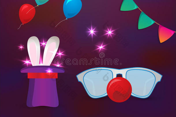 马戏团的元素。 带兔子耳朵的魔法帽子和带红鼻子的小丑眼镜。 派对设计的元素。 魔术