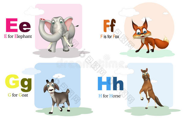 大象，狐狸，山羊和马的字母