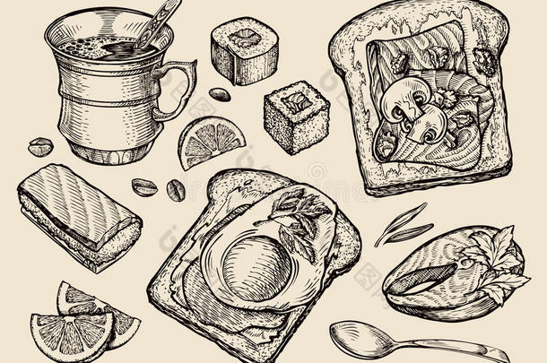 快餐。 手绘杯咖啡，茶，三明治，煎蛋，鱼片，寿司。 草图矢量插图