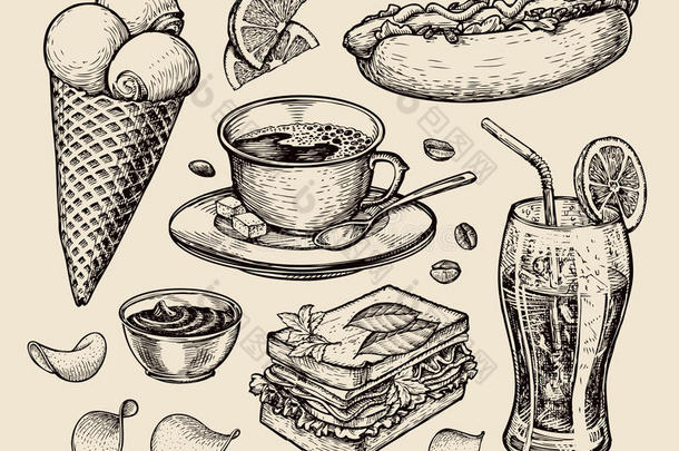快餐。 手绘杯咖啡，茶，三明治，热狗，苏打水，柠檬水，薯片，冰淇淋。 草图矢量