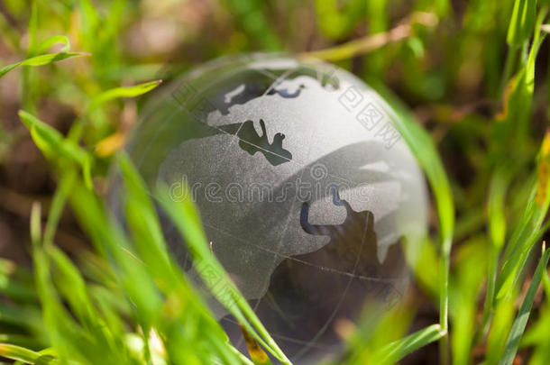 绿色草地上的水晶玻璃球