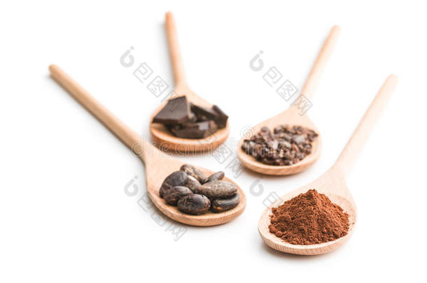 木制勺子中的可可和黑巧克力