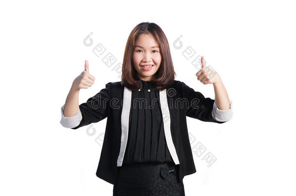 商业妇女显示拇指向上的手势微笑幸福的惠特