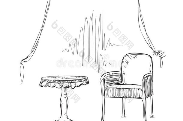 椅子和桌子草图。 内部