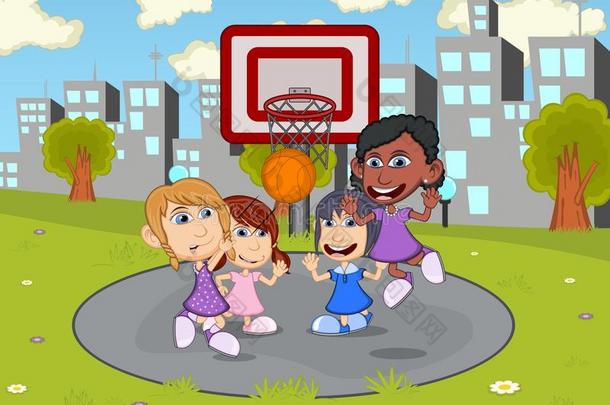 孩子们在城市公园的<strong>卡通</strong>里<strong>打篮球</strong>