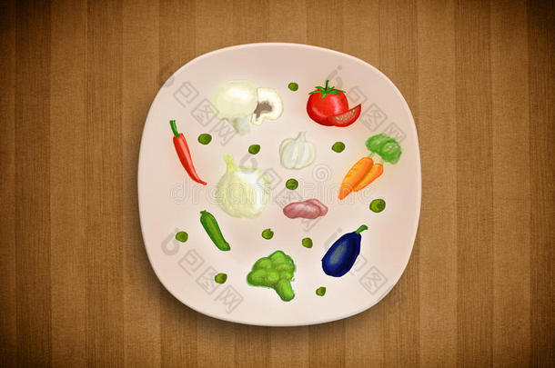 有手绘图标、符号、蔬菜和水果的彩色盘子
