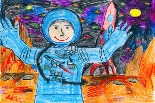宇航员探索红色星球，太空概念，儿童画在纸上