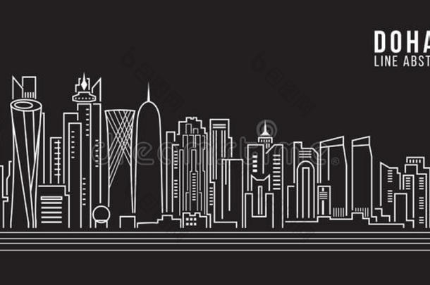 城市景观建筑线艺术矢量插图设计-多哈市